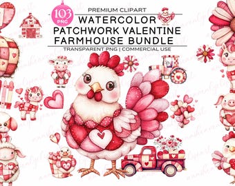 Patchwork Valentine Farmhouse Watercolor PNG Clipart — Valentine Farm Animals — Valentine Tractor PNG — Chicken Cow PNG — Cute Farm Clipart