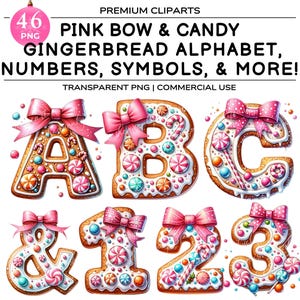 Gingerbread Alphabet, Pink Bow Alphabet, Gingerbread PNG pink, Gingerbread Sublimation, Christmas Alphabet,  Alphabet Clipart, Digital Downl