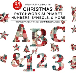 Könnte beinhalten: Eine digitale Sammlung von weihnachtlichen Patchwork-Alphabetbuchstaben, Zahlen und Symbolen mit roten, grünen und weißen Karomustern und Blumenmotiven. Das Set enthält grafische Elemente wie Sterne, Herzen, Bäume, einen Bären, einen Hirsch und einen Strumpf.