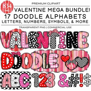 Valentine Alphabet, Valentine Doodle Bundle, Pink Alphabet, Red Alphabet, Black and White Alphabet, Dalmatian Dot letters, Brushstroke PNG
