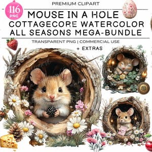 Mouse Hole Clipart Set, Nature Mice in Holes Watercolor clipart, Cottagecore Mouse Sublimation PNG Designs, Cozy Animal Mouse Digital downlo