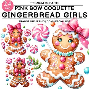 Gingerbread Girls, Pink Bow Coquette, Gingerbread PNG pink, Gingerbread Sublimation, Pink Christmas,  Gingerbread Clipart, Digital Download