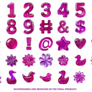 May include: A collection of magenta-colored, gel-like embellishments. The set includes numbers 0-9, symbols like the hashtag, ampersand, dollar sign, and question mark, along with stars, hearts, flowers, and ducks. The text "WATERMARKS ARE REMOVED IN THE FINAL PRODUCT" is at the bottom.