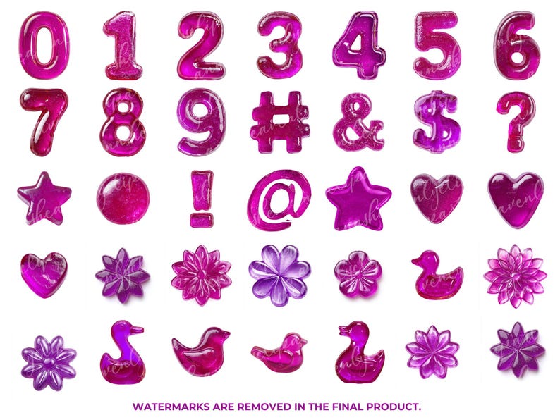 May include: A collection of magenta-colored, gel-like embellishments. The set includes numbers 0-9, symbols like the hashtag, ampersand, dollar sign, and question mark, along with stars, hearts, flowers, and ducks. The text "WATERMARKS ARE REMOVED IN THE FINAL PRODUCT" is at the bottom.