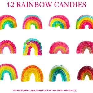 May include: Twelve rainbow-shaped candies in various colors, including red, orange, yellow, green, and blue. The candies are arranged in three rows of four, with a sugary coating. The text "12 RAINBOW CANDIES" is at the top.
