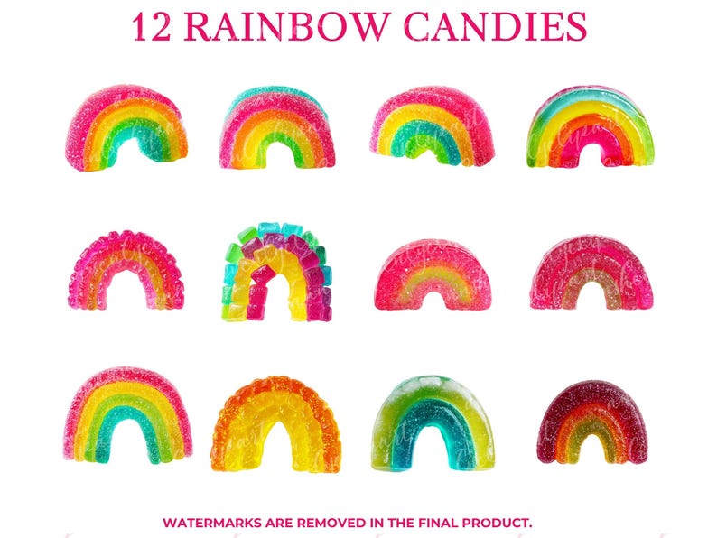 May include: Twelve rainbow-shaped candies in various colors, including red, orange, yellow, green, and blue. The candies are arranged in three rows of four, with a sugary coating. The text "12 RAINBOW CANDIES" is at the top.