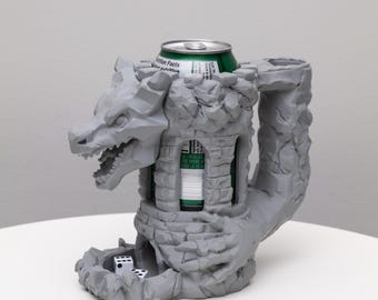 Burg Würfelturm und Getränkehalter 3D Gedruckt mit Drachenkopf Grau Stein PLA Fantasy Accessoire für D & D