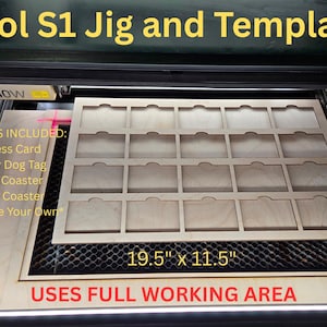 May include: A wooden jig and template set for the xTool S1 laser cutter. The set includes templates for business cards, military dog tags, round coasters, and square coasters. The working area is 49.5 x 29.2 cm.