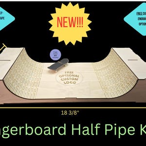 Puede incluir: Kit de half pipe para fingerboard de madera, con dimensiones de 46,67 cm de largo, 21,27 cm de alto y 8,57 cm de profundidad. Incluye pegamento y cinta de agarre. Espacio para logotipo personalizado y grabado opcional.