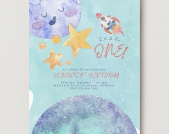 Rocket First Birthday Invitation