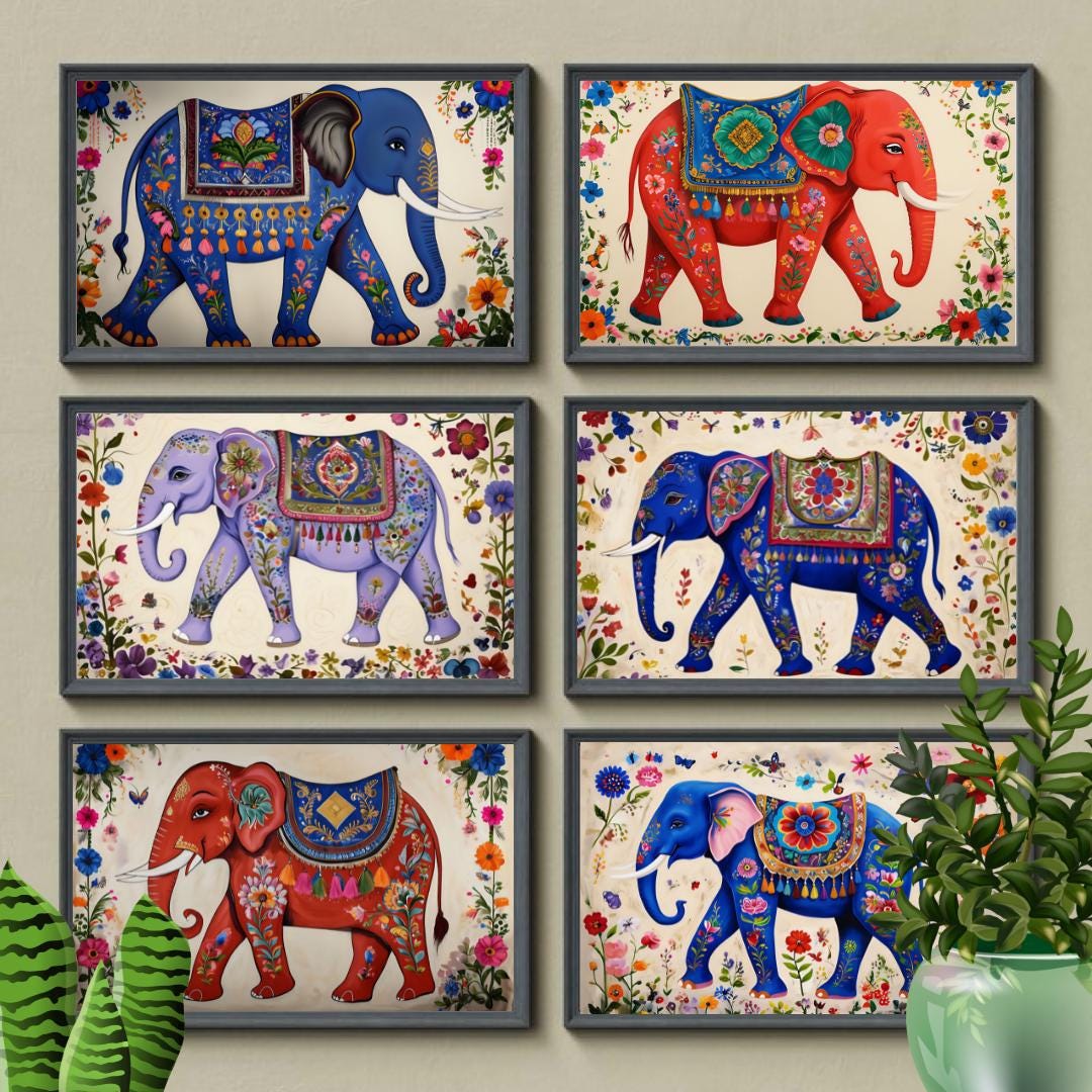 Indian Elephant Art Prints Set – Vibrant Bohemian Decor (custom Size ...