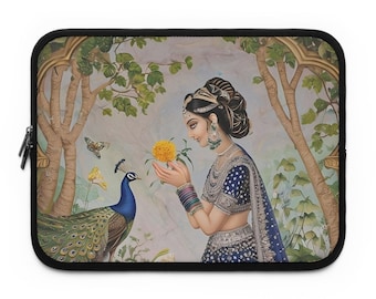 Mughal Indian Lady with Peacock Laptop Sleeve – Artistic Neoprene Bag