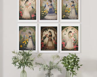 Indian Women in Garden Art Print – Colourful Floral Portrait (Digital Download)