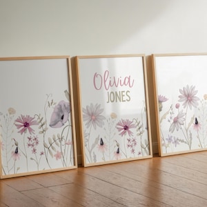 Set of 3 Wildflower Nursery Decor | Printable Custom Floral Room Wall Art | Boho Baby Girl Nursery Prints | Personalized Name Poster