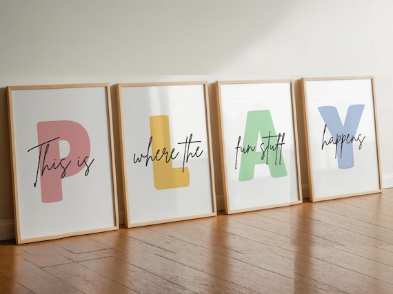 Set of 4 Playroom Prints | Playroom Wall Decor | Nursery Wall Art | This Is Where The Fun Stuff Happens | Kids Room Decor | Let's Play Sign