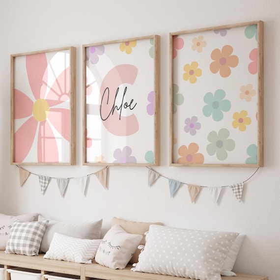 Nursery Daisy Wall Art | Set of 3 Personalized Girls Name Prints | Printable Floral Girl Room Decor | Floral Pink Nursery | Digital Download