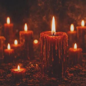 May include: A collection of lit, orange-red candles with melting wax, creating a warm, inviting ambiance. The flames glow brightly against a dark background, suggesting a cozy or spiritual setting. The candles vary in size and shape.