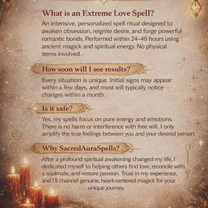 May include: A beige and brown graphic with the text "FAQs" at the top. The image contains text about love spells, including questions and answers about the spells. The SacredAuraSpells logo is at the bottom.