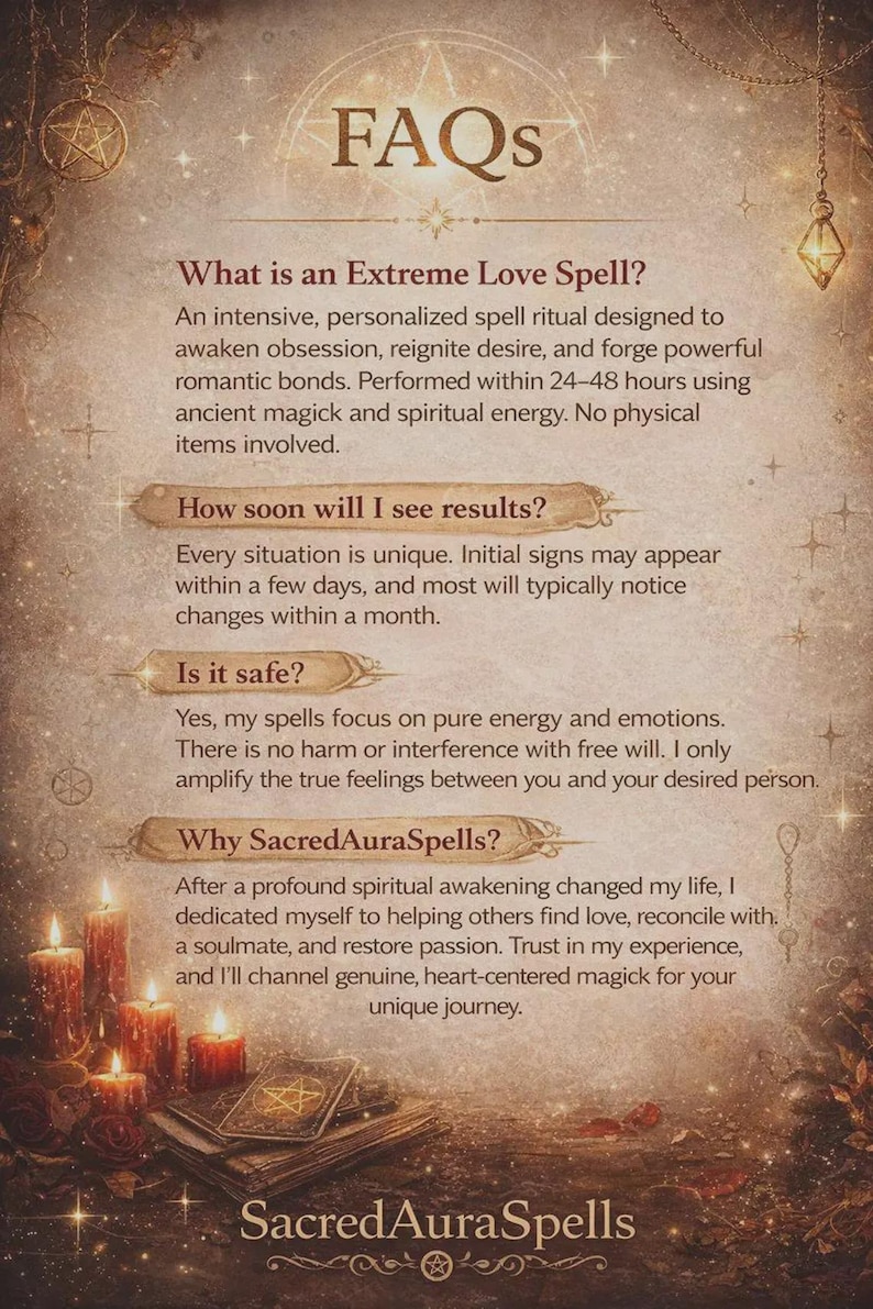 May include: A beige and brown graphic with the text "FAQs" at the top. The image contains text about love spells, including questions and answers about the spells. The SacredAuraSpells logo is at the bottom.