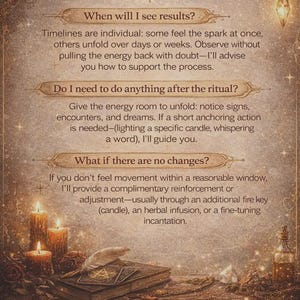 May include: An informational graphic with the title "FAQs" in a decorative font. The text answers questions about seeing results, actions after a ritual, and what happens if there are no changes. The image includes candles, books, and the text "Sacred AuraSpells."