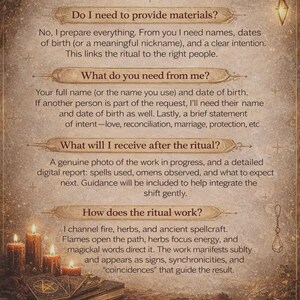 May include: A mystical-themed graphic with the text "FAQs" at the top. The image includes text about rituals, materials, and what to expect. The bottom of the image has the text "Sacred Aura Spells". There are lit candles and books.