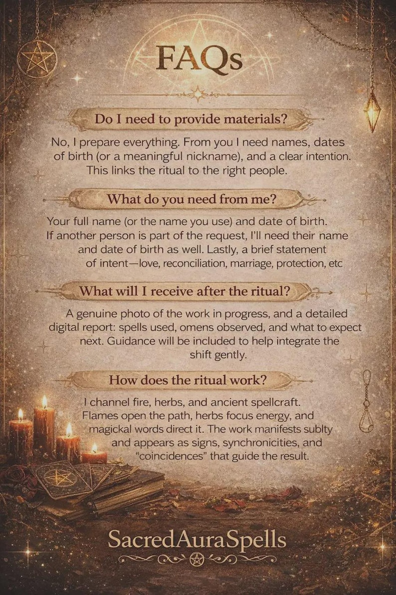 May include: A mystical-themed graphic with the text "FAQs" at the top. The image includes text about rituals, materials, and what to expect. The bottom of the image has the text "Sacred Aura Spells". There are lit candles and books.