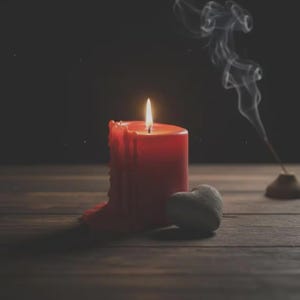 May include: A lit red candle with melted wax, a small heart-shaped stone, and a smoking incense stick on a wooden surface. The candle flame glows brightly against the dark background, creating a warm and inviting ambiance.