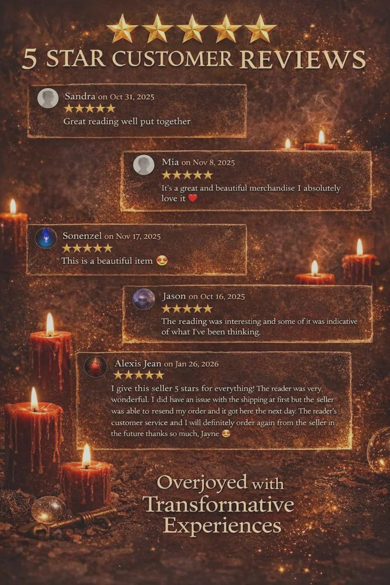May include: A digital graphic featuring customer reviews with five-star ratings. The image includes text from customers, lit candles, and the phrase "Overjoyed with Transformative Experiences."