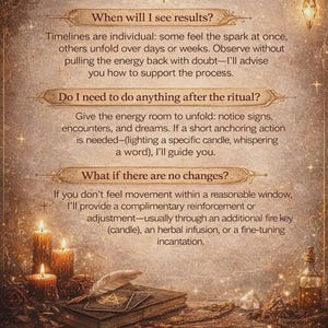 May include: An image with the text "FAQs" and information about seeing results, post-ritual actions, and handling lack of change. The image features candles, books, and the text "Sacred Aura Spells."