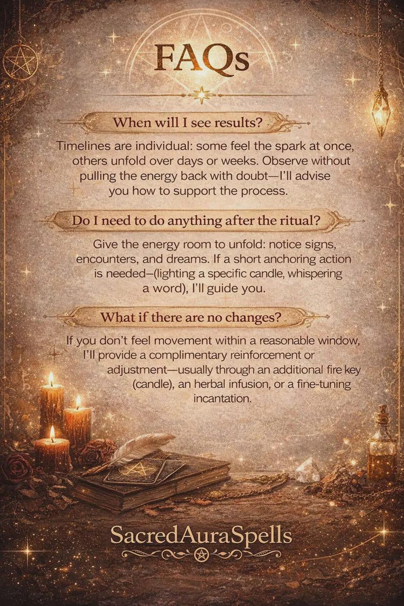May include: An image with the text "FAQs" and information about seeing results, post-ritual actions, and handling lack of change. The image features candles, books, and the text "Sacred Aura Spells."