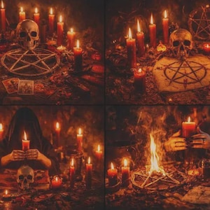 May include: A collage of four images depicting a dark, occult scene. Lit red candles surround a skull, pentagrams, and tarot cards. One image shows a person in a black hood holding a candle. The overall theme is mysterious and ritualistic.