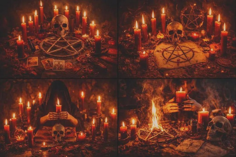 May include: A collage of four images depicting a dark, occult scene. Lit red candles surround a skull, pentagrams, and tarot cards. One image shows a person in a black hood holding a candle. The overall theme is mysterious and ritualistic.