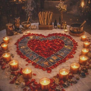 May include: A heart-shaped arrangement of red rose petals and tarot cards on a white tablecloth, surrounded by lit candles. Incense smoke rises, and various ritual items are arranged on the table, creating a mystical ambiance.