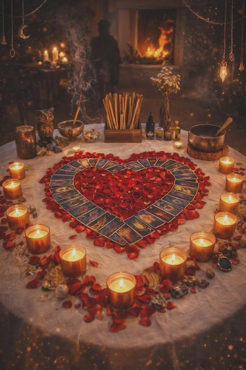 May include: A heart-shaped arrangement of red rose petals and tarot cards on a white tablecloth, surrounded by lit candles. Incense smoke rises, and various ritual items are arranged on the table, creating a mystical ambiance.