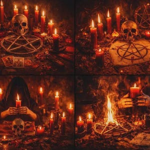 May include: A collage of four images depicting a ritualistic scene. Lit red candles surround a skull, pentagrams, and tarot cards. The overall ambiance is dark and mysterious, with a focus on occult symbolism and a fiery glow.