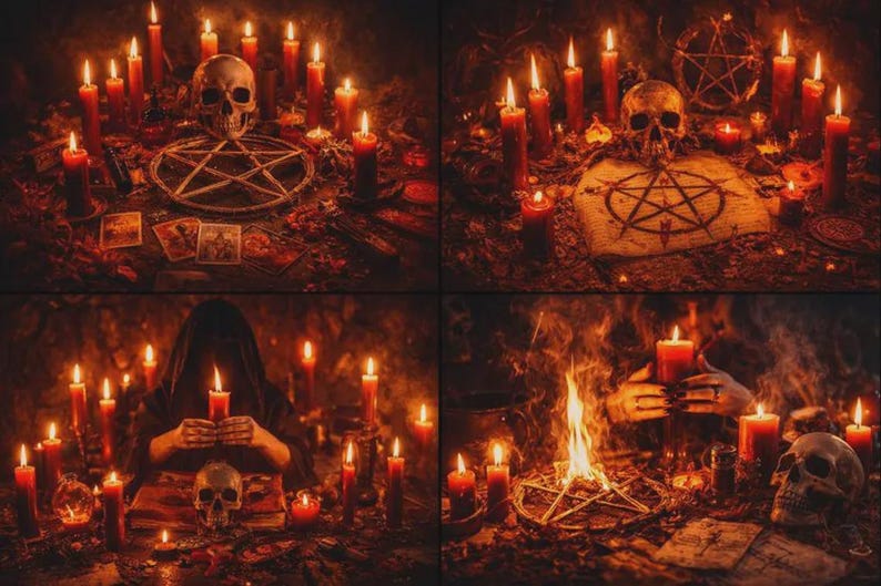 May include: A collage of four images depicting a ritualistic scene. Lit red candles surround a skull, pentagrams, and tarot cards. The overall ambiance is dark and mysterious, with a focus on occult symbolism and a fiery glow.
