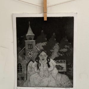 May include: A black and white print of a woman sitting in front of a church. The church has a sign that says "Church Come to Christ". The print is titled "Praise Be".