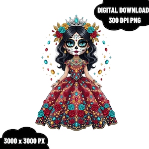 Dag van de Doden PNG Catrina Clipart La Catrina Sugar Skull Calavera decoratief skelet Girly Halloween Chibi Girl digitaal downloadbestand