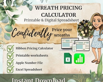 Calculadora de precios de coronas, Hoja de cálculo de precios de coronas, Calculadora de costo de cintas, Herramienta de precios para negocios de manualidades, Guía de precios de coronas de Etsy