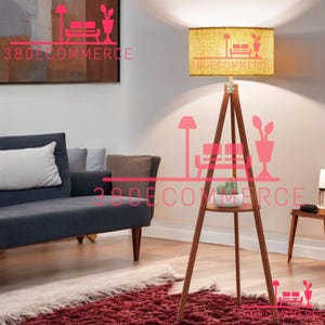 Floor Lamp, Mid Century Wood Standing Lamp, Modern Design Shelf Floor Lamp for Living Room, Bedroom, Office, Flaxen Lamp Shade with E26