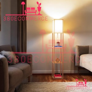 Floor Lamp with Lamp Shade and LED Bulb - Corner Display Floor Lamps with Shelves for Living Room, Bedroom and Office - Natural Wood