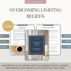 May include: A digital download for a guide on overcoming limiting beliefs. The guide has a blue and gold cover with the title "Overcoming Limiting Beliefs" and a blurred image of a flower. The guide is available in letter and A4 sizes and has 28+ pages.