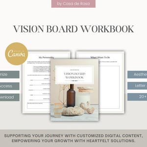 May include: A digital vision board workbook with a beige background and a photo of a glass bottle, a white jar, and a rock. The text "VISION BOARD WORKBOOK" is in black text at the top of the page. The text "SUPPORTING YOUR JOURNEY WITH CUSTOMIZED DIGITAL CONTENT, EMPOWERING YOUR GROWTH WITH HEARTFELT SOLUTIONS." is at the bottom of the page.