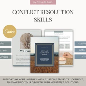 May include: A digital product mockup featuring a blue and gold ebook cover with the title "Conflict Resolution Skills". The ebook cover is surrounded by images of a field, a candle, and a welcome page. The text "Supporting your journey with customized digital content, Empowering your growth with heartfelt solutions." is at the bottom of the image.