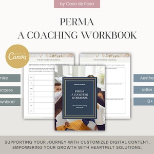 Puede incluir: Un libro de trabajo de coaching digital titulado "PERMA: Un libro de trabajo de coaching" con una portada azul y dorada. El libro de trabajo está diseñado para ayudar a las personas a crear hábitos duraderos y mejorar su bienestar. La portada presenta una foto de dos personas dándose la mano.