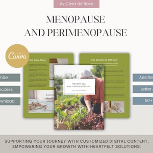 Può includere: Una guida digitale per la menopausia e la perimenopausa con una copertina verde e bianca che mostra una donna che fa giardinaggio. La guida include informazioni su come dormire a sufficienza, i benefici dell'auto-cura e molto altro. È personalizzabile, ha accesso a vita ed è disponibile per il download immediato.
