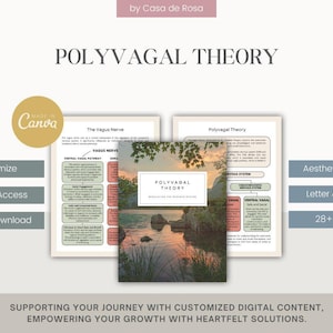 Può includere: Un download digitale di una guida sulla teoria polivagale, con un paesaggio rilassante di tramonto con un lago e montagne. La guida include informazioni sul nervo vago e sul sistema nervoso autonomo. Il testo sulla copertina recita "Teoria polivagale: Esplorando il sistema nervoso autonomo".