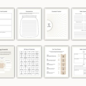 May include: A set of printable gratitude journal pages with different prompts and layouts. The pages include prompts such as "Why I Feel Grateful", "Gratitude Jar", "Gratitude Tracker", "Daily Gratitude", "Feeling Grateful", "30 Days of Gratitude", "Use Your Senses", and "Daily Gratitude".
