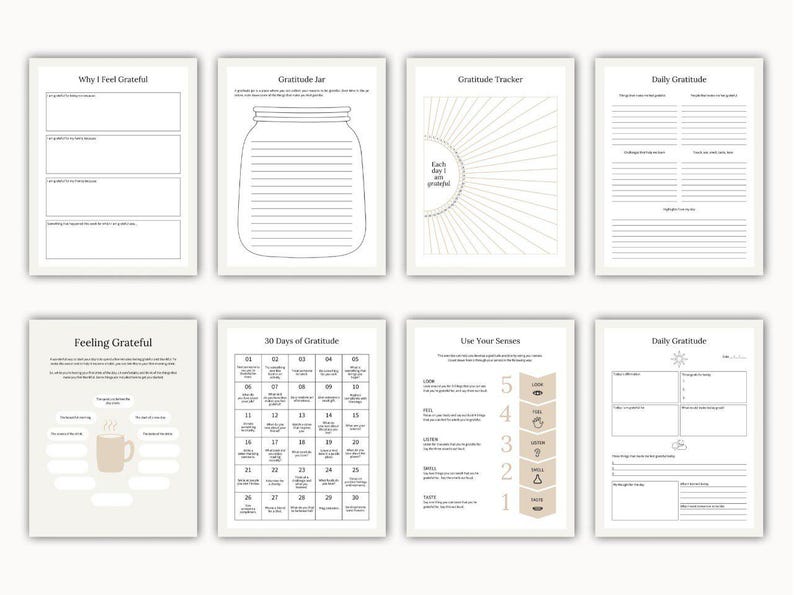 May include: A set of printable gratitude journal pages with different prompts and layouts. The pages include prompts such as "Why I Feel Grateful", "Gratitude Jar", "Gratitude Tracker", "Daily Gratitude", "Feeling Grateful", "30 Days of Gratitude", "Use Your Senses", and "Daily Gratitude".