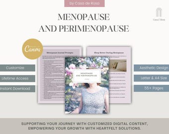May include: A digital product cover featuring a woman in a light blue dress with a floral background. The text "Menopause and Perimenopause" is displayed in a white box. The cover also includes the text "Menopause Journal Prompts" and "Sleep Better During Menopause".